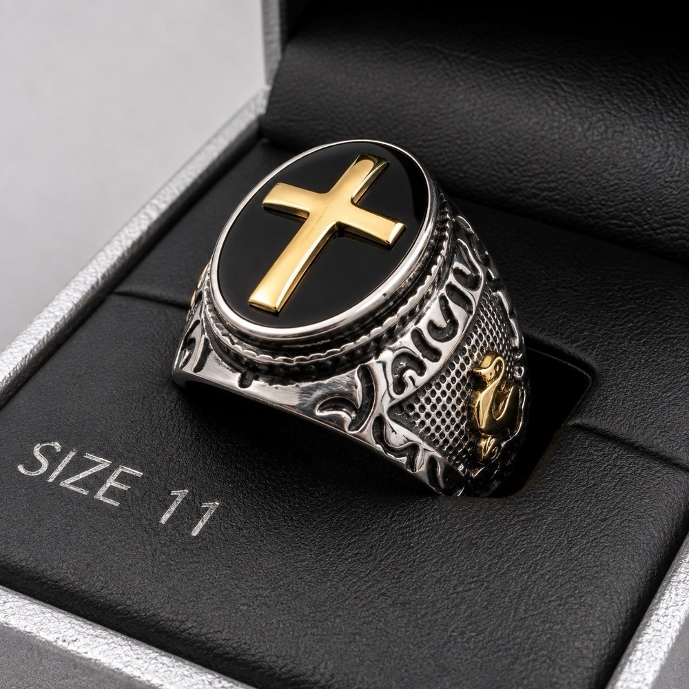 E0067-American Exchange Men's Cross Ring Size 11 Black Gold Tone Christian